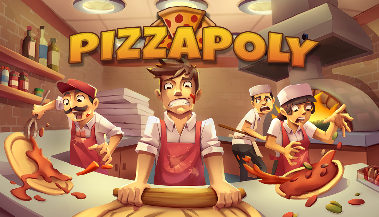 Pizzapoly artwork: four chefs trying to keep a chaotic pizza kitchen running